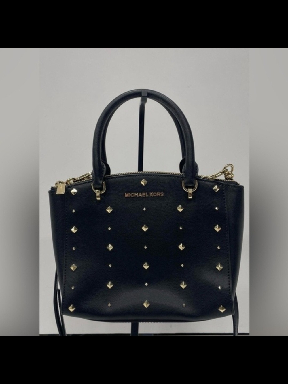Michael Kors Black Leather Satchel with Gold Stud Accents Crossbody - Picture 1 of 3
